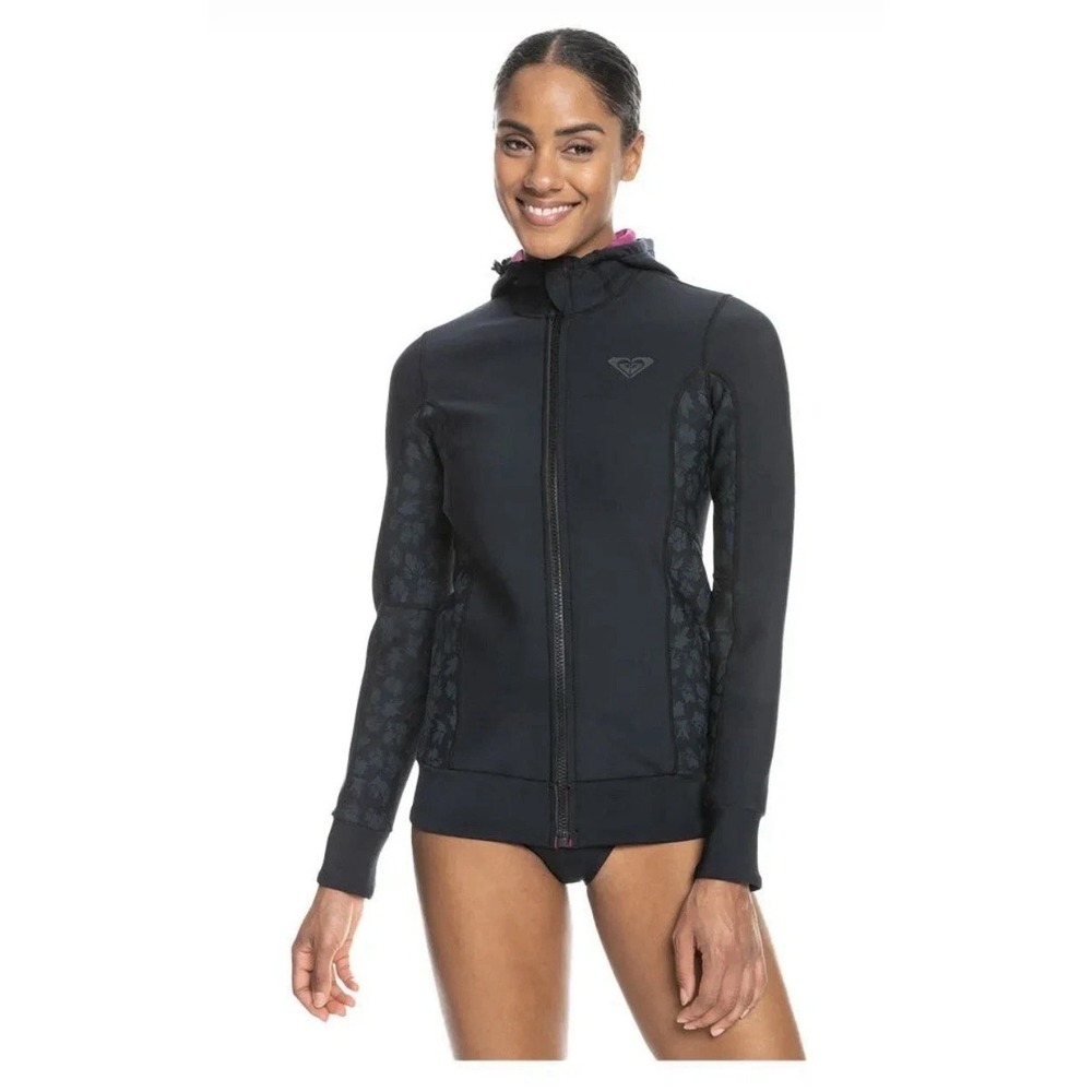 Roxy Swell Wetsuit Paddle Jacket Womens 12 Black Hooded Zip Front Surf Swim